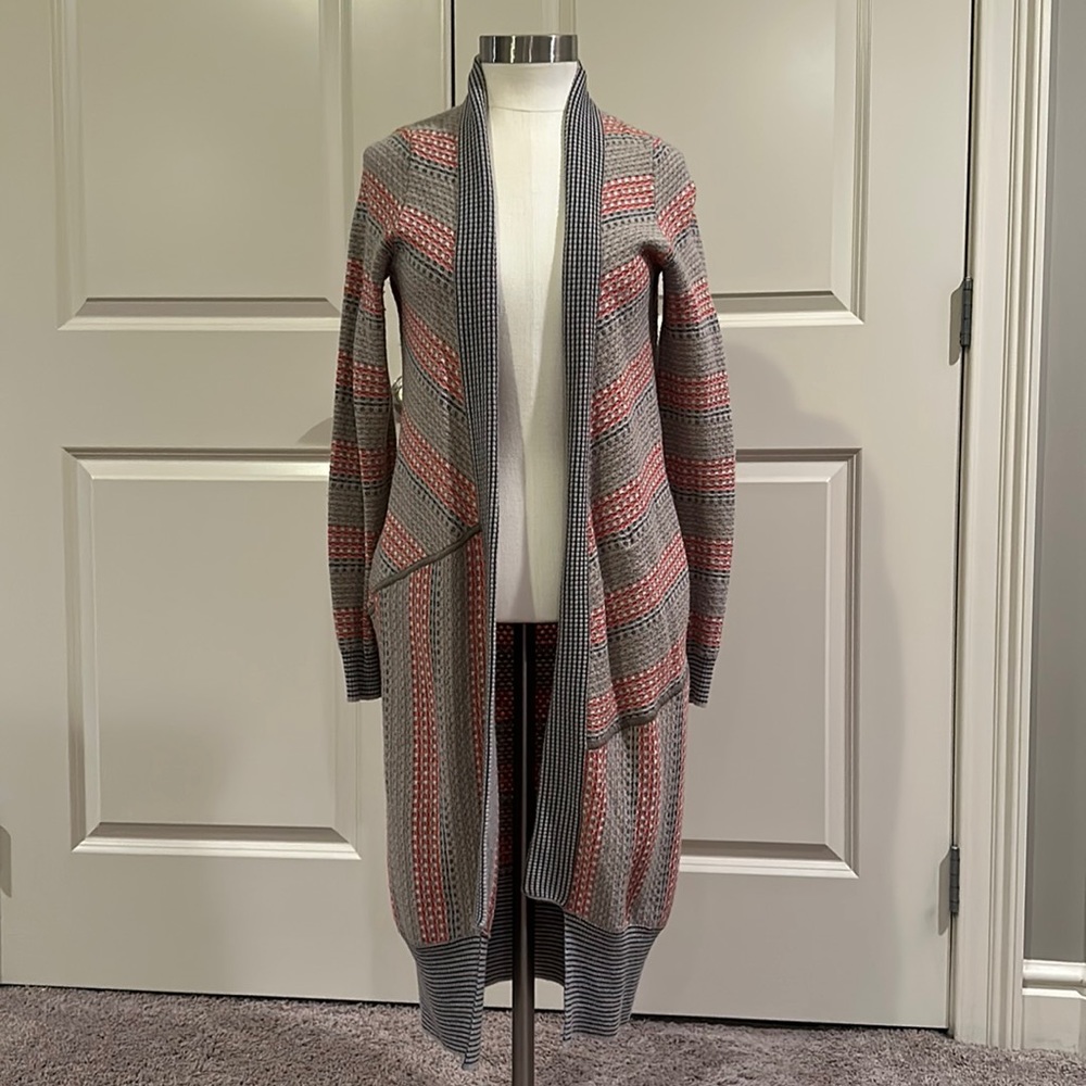 Anthropologie grey blue red sparrow long sweater cardigan jacket Duster s small